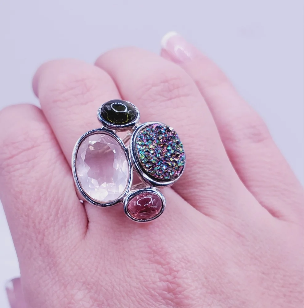925 Sterling Silver Pink & Green Tourmaline - Pink & Druzy Quartz Statem…